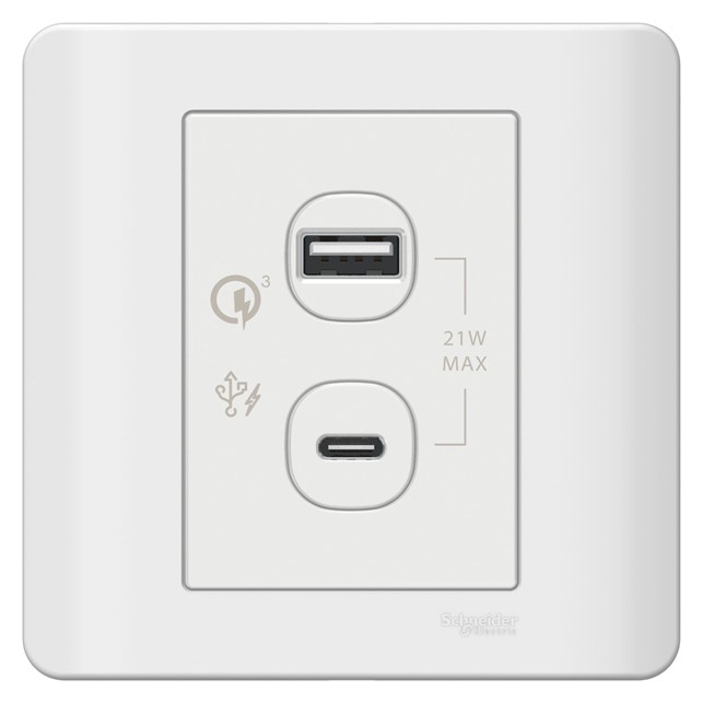 E8432ACQUSB_WE Outlet Data Schneider ZENcelo 21W Type A + Type C, PD+QC3.0 USB Charger, White - Gambar 1